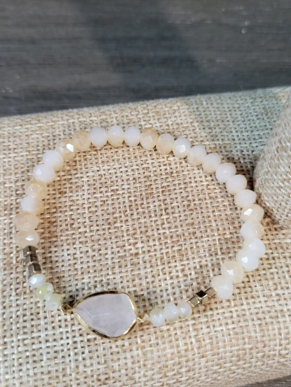Handmade Peach & White Opal Glass Beaded Stretch Bracelet - One Size Fits Most